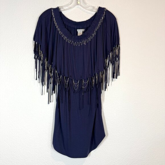 Alberto Makali Y2K Fringe Chain Tunic Top Navy Blue Boho Festival Glam Large - Picture 1 of 11